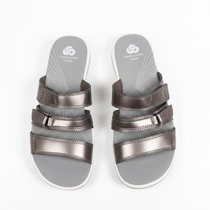 Clarks Cloudsteppers Arla Glitz Pewter Metallic 3-Strap Comfort Slides Sz 8